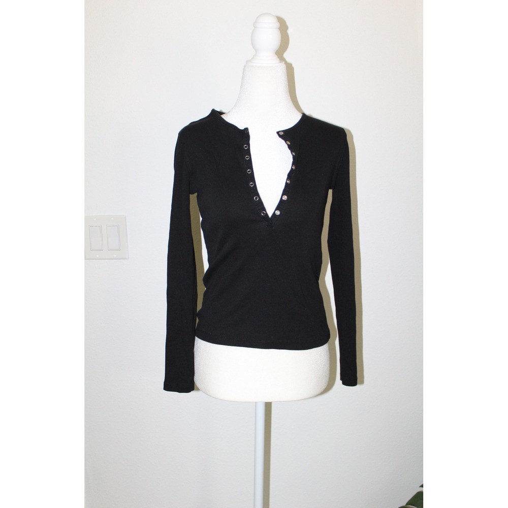Zara Black Ribbed Long Sleeve Henley Snap Button Top Women Medium
